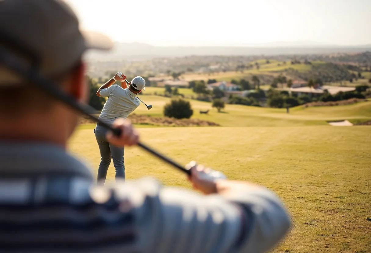 Hannah Darling swinging her golf club at a lush green golf course.