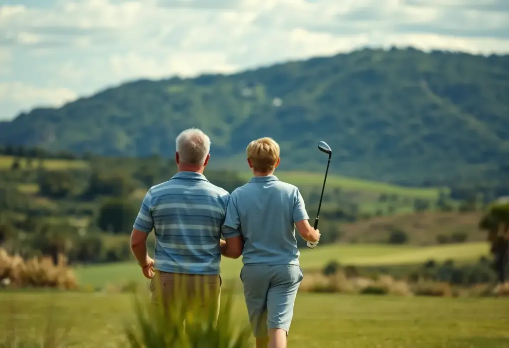 Father and son playing golf on a beautiful course