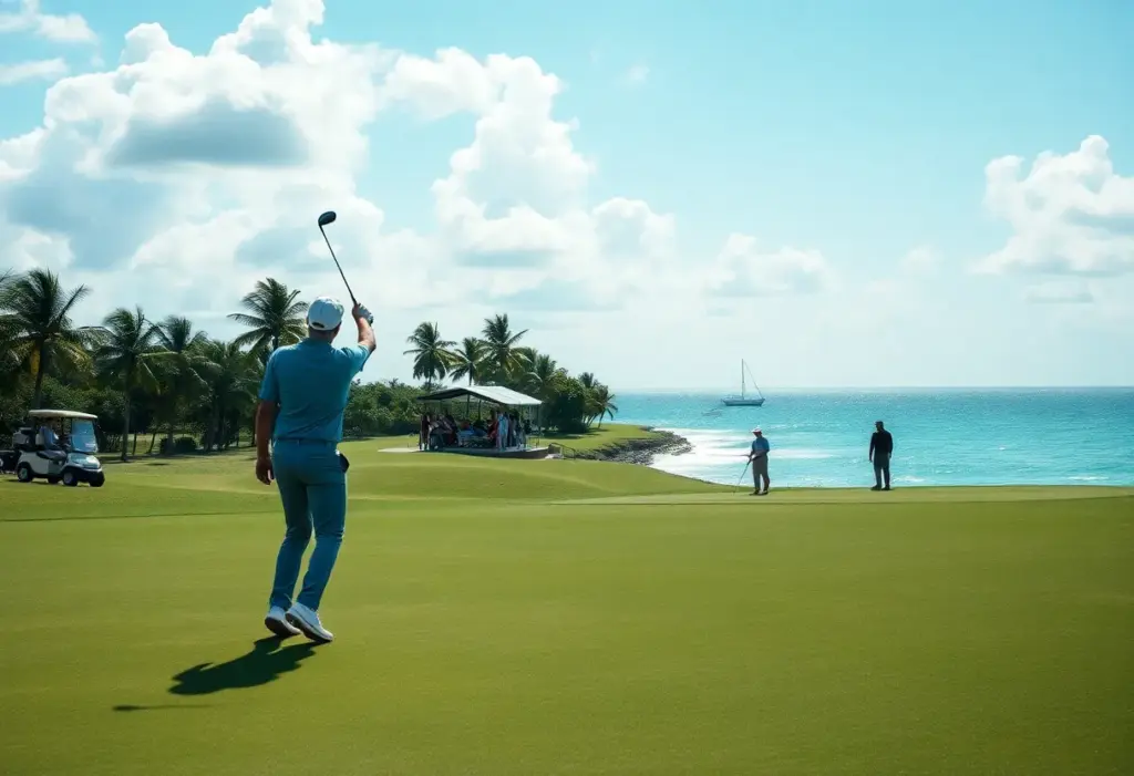 Sunset over a golf course in the Bahamas during the Hero World Challenge.