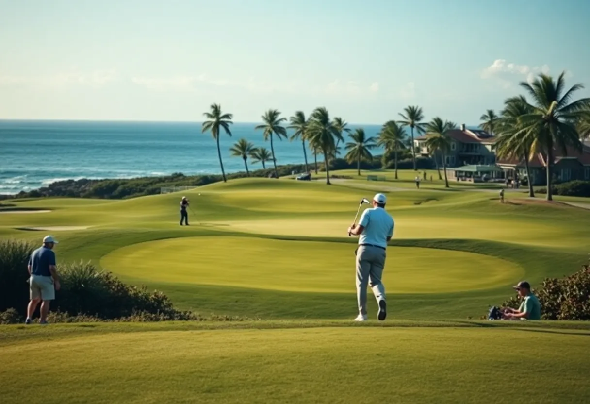 Golf tournament scene with players competing in a playoff