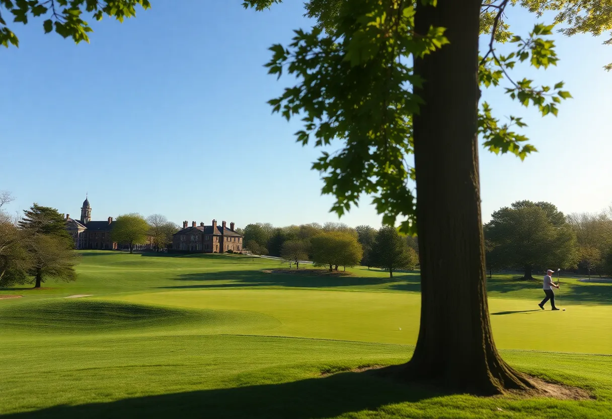 A scenic view of Highland Park Golf Course with golfers playing.