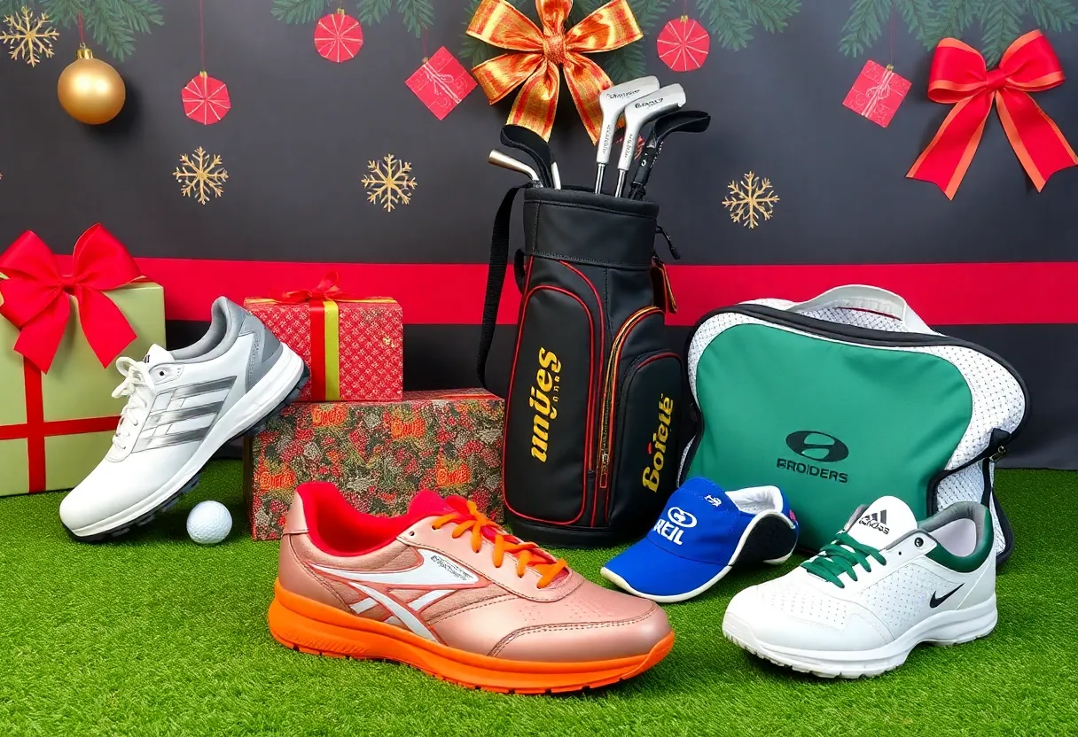 Various unique golf gifts for the holiday season displayed beautifully.
