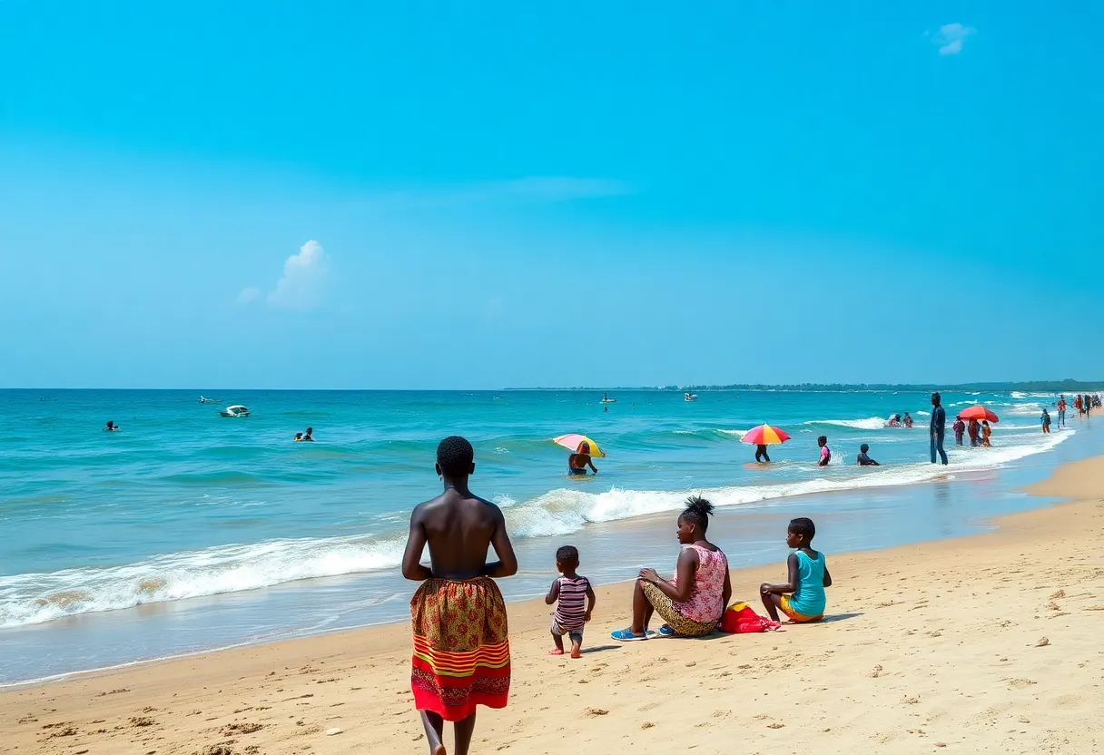 A vibrant sandy beach in Akwa Ibom, Nigeria, filled with families enjoying the sun.