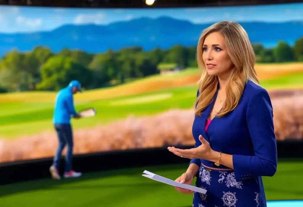 Female golf broadcaster presenting during a tournament