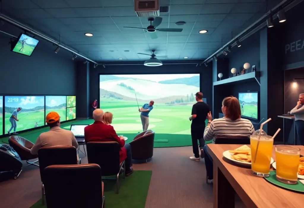 People enjoying golfing at the indoor facility 'Iron and Ember' with advanced simulators.