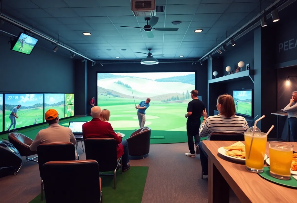People enjoying golfing at the indoor facility 'Iron and Ember' with advanced simulators.