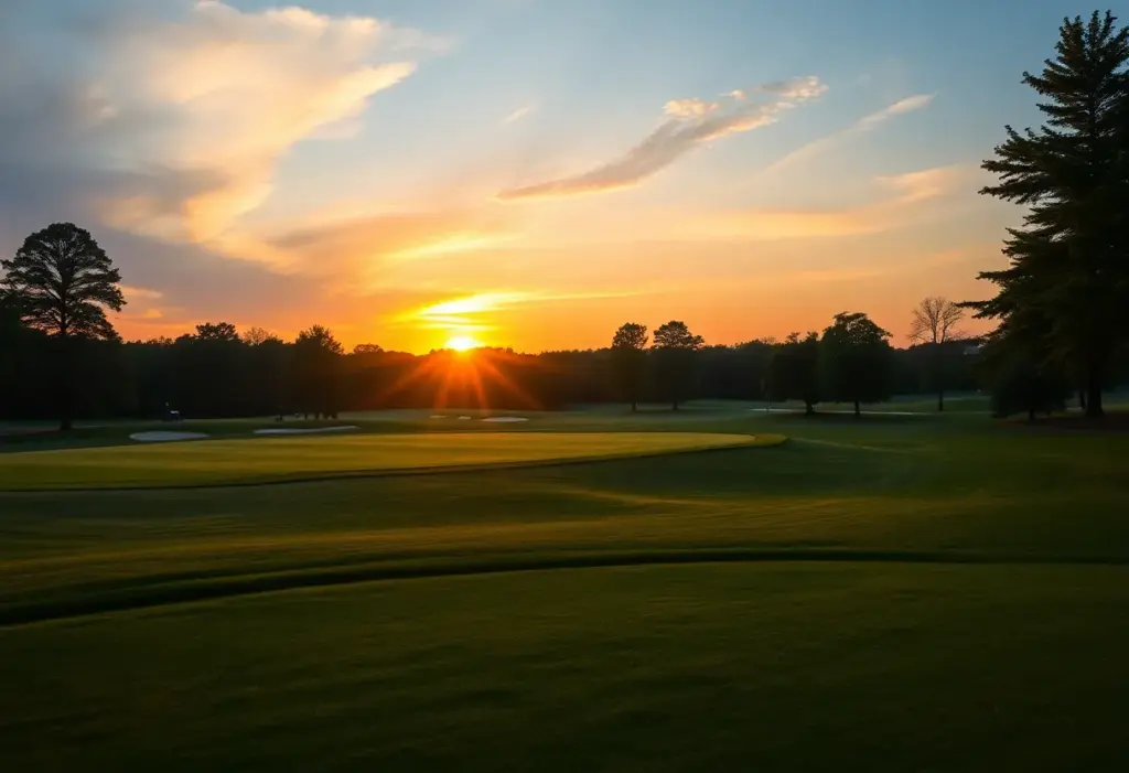 A peaceful golf course at sunset.