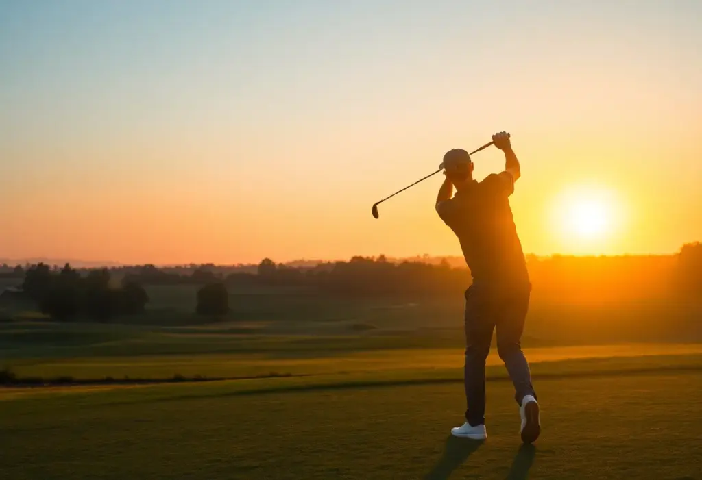 Silhouette of a golfer on a golf course at sunset.