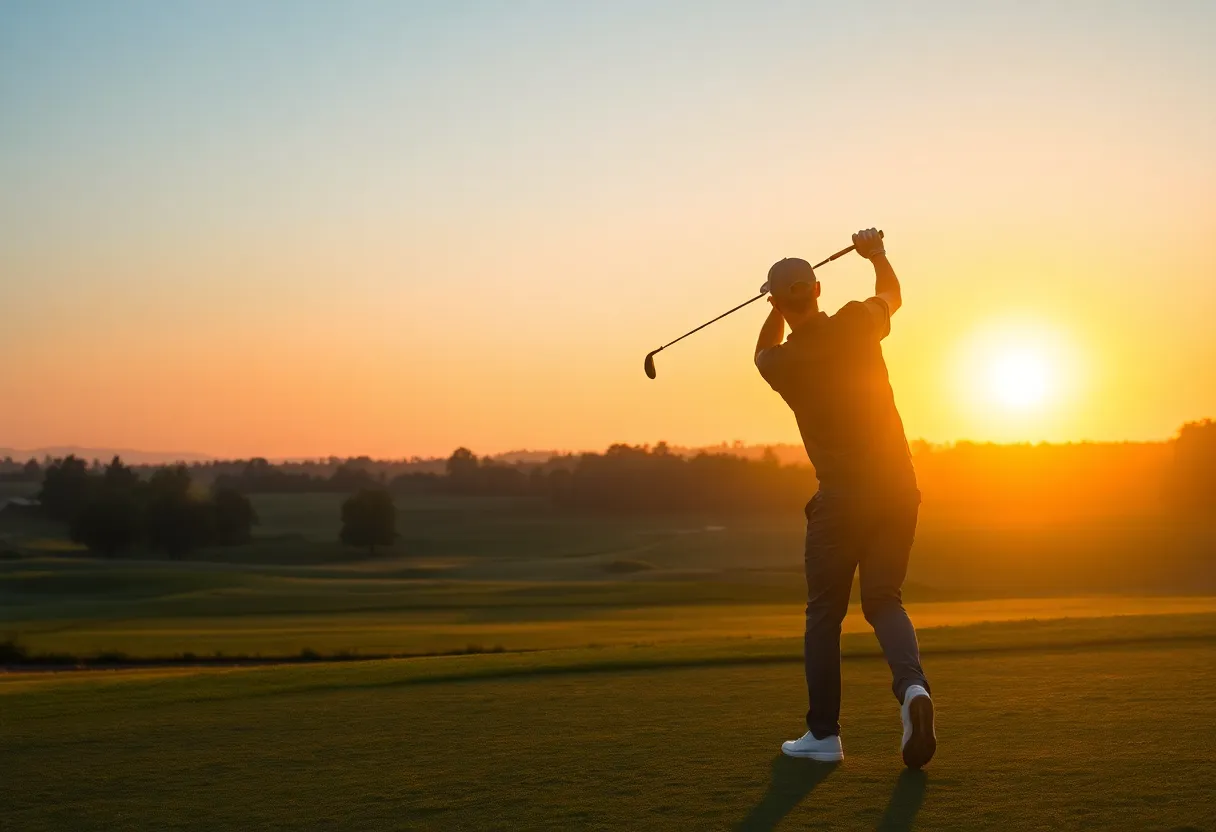 Silhouette of a golfer on a golf course at sunset.