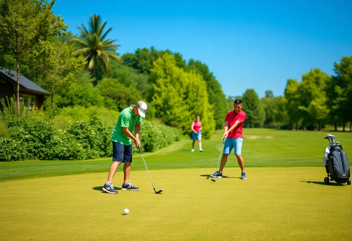 Young golfers practicing on a lush green golf course