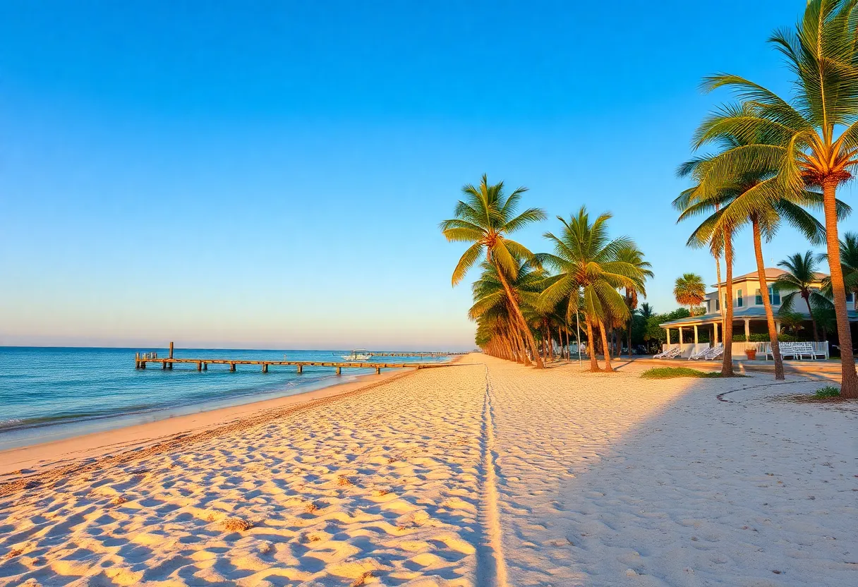 A beautiful beach in Key West during winter with palm trees and clear skies.