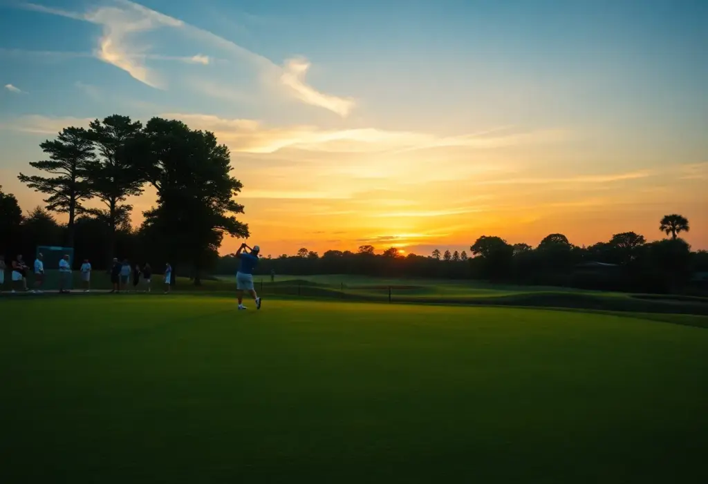 A golf course scene with players competing in a team golf tournament.