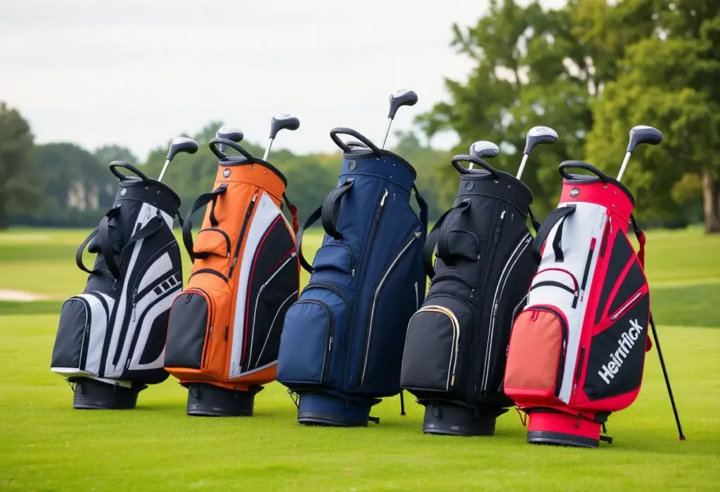 Various lightweight golf stand bags on a golf course.