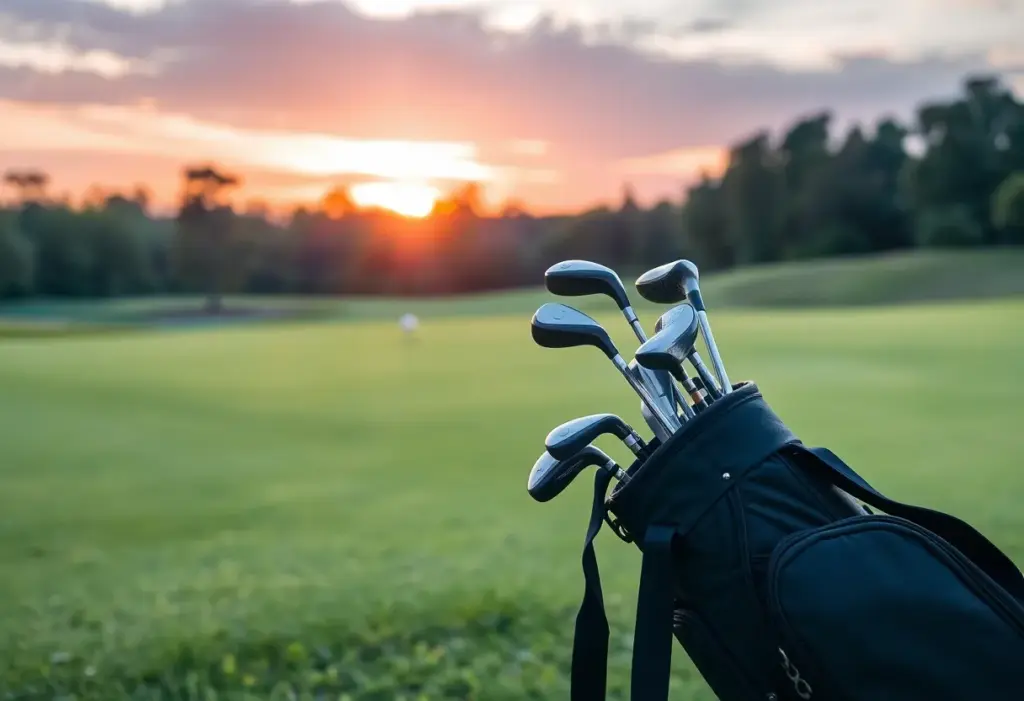 A scenic view of a golf course at sunrise with equipment