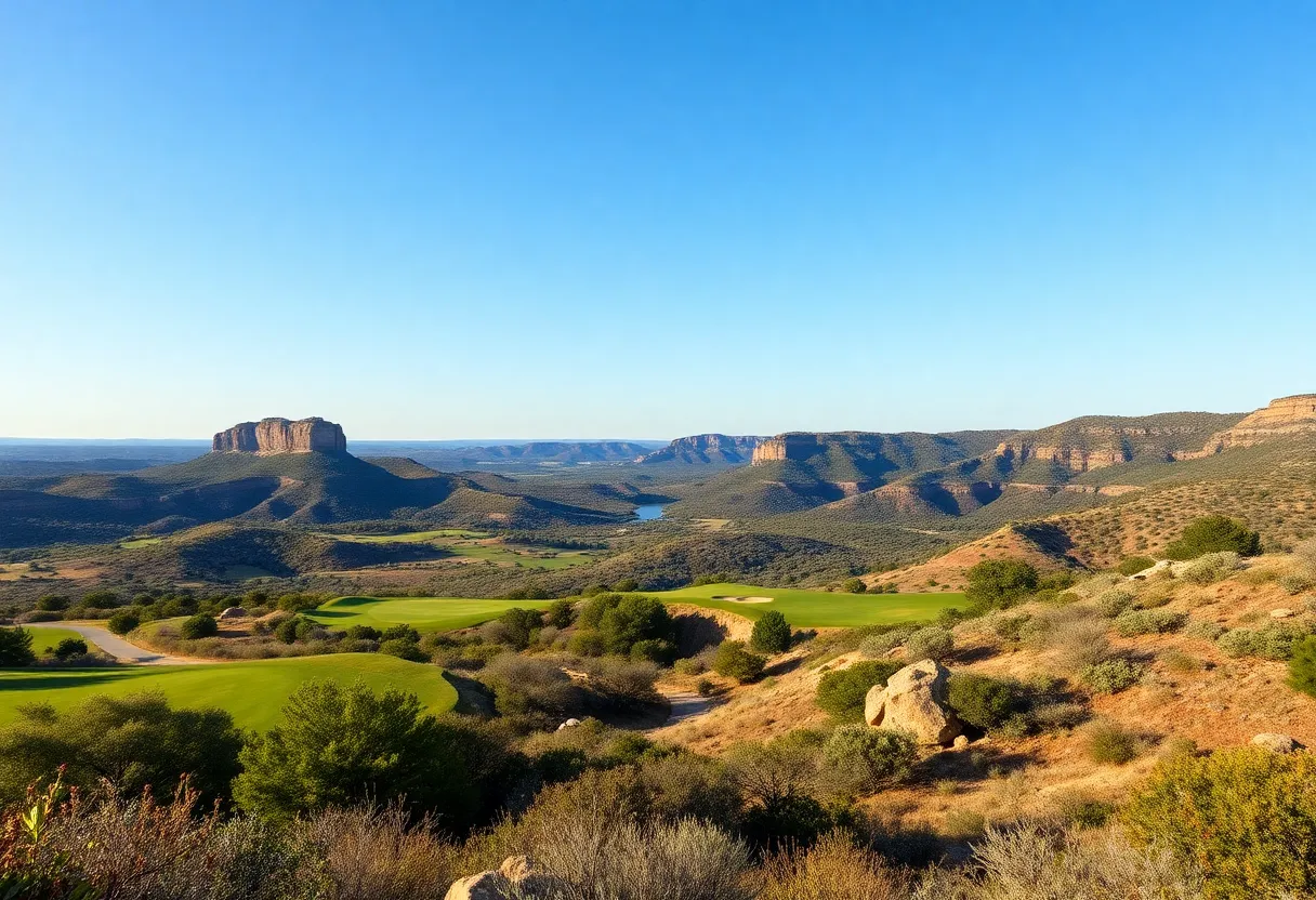 A beautiful golf course in Texas Hill Country with hills and clear skies.