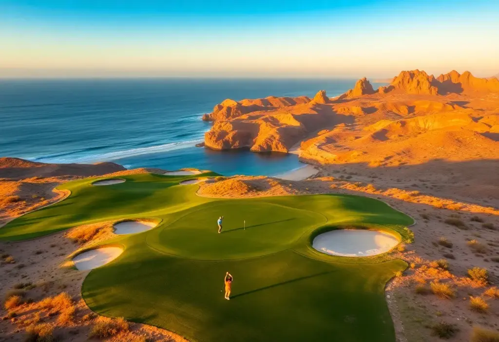 A panoramic view of Los Cabos golf course with golfers playing.