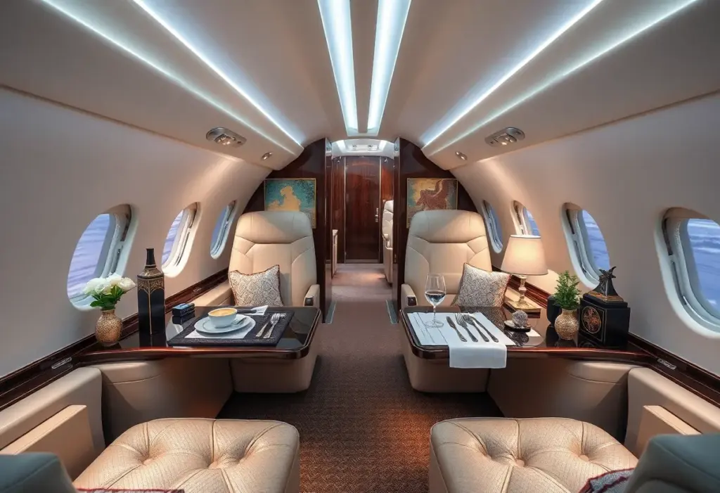 Interior view of a luxury business jet showcasing fine dining and stylish decor.
