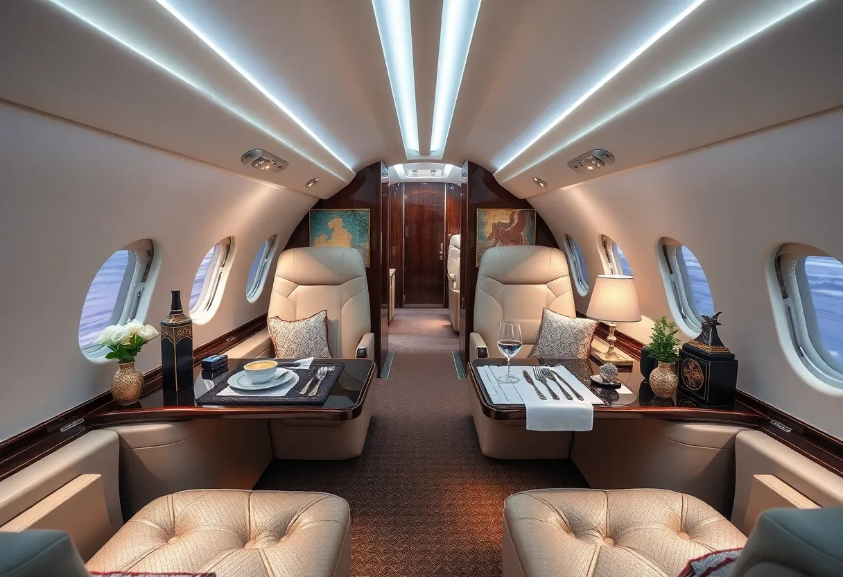 Interior view of a luxury business jet showcasing fine dining and stylish decor.