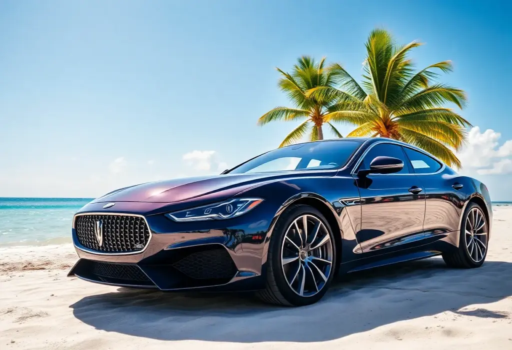 Luxury car parked on a beach in Cancún