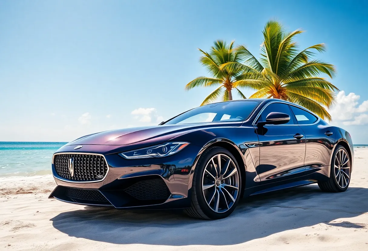 Luxury car parked on a beach in Cancún