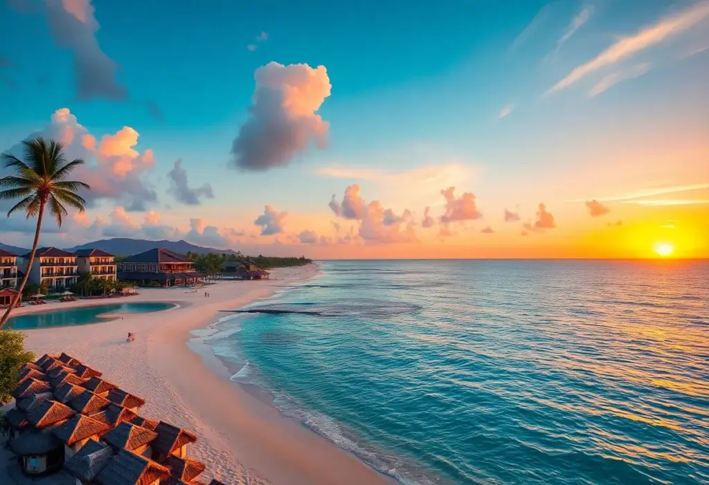 Luxurious resorts on a Caribbean beach at sunset