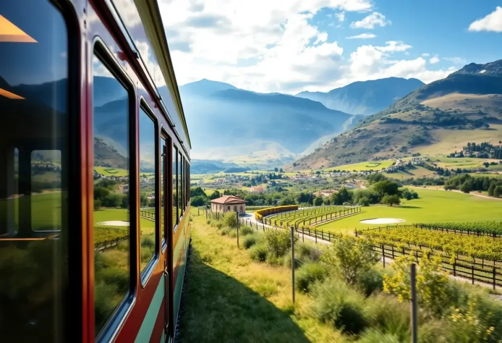 Luxury golf train traveling through beautiful Italian landscapes, showcasing golf courses and vineyards.