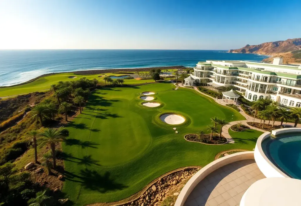 A stunning view of a luxury golf resort on the coast.
