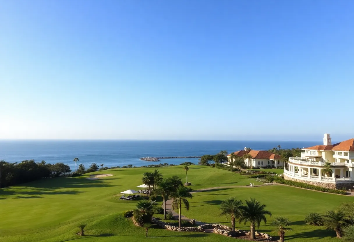 A luxurious golf resort with beautiful green fairways and elegant accommodations.