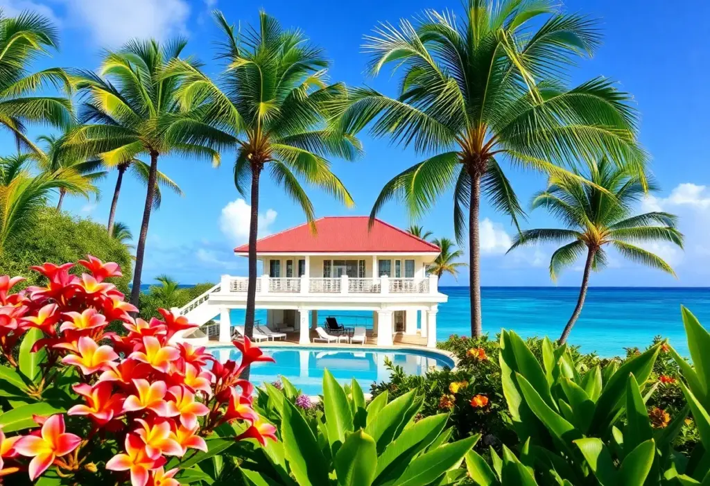 Luxurious villa with ocean view in Barbados surrounded by tropical flora