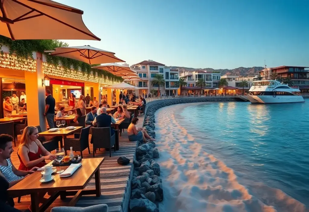 A vibrant winter scene on a luxury island with diners and sunbathers.