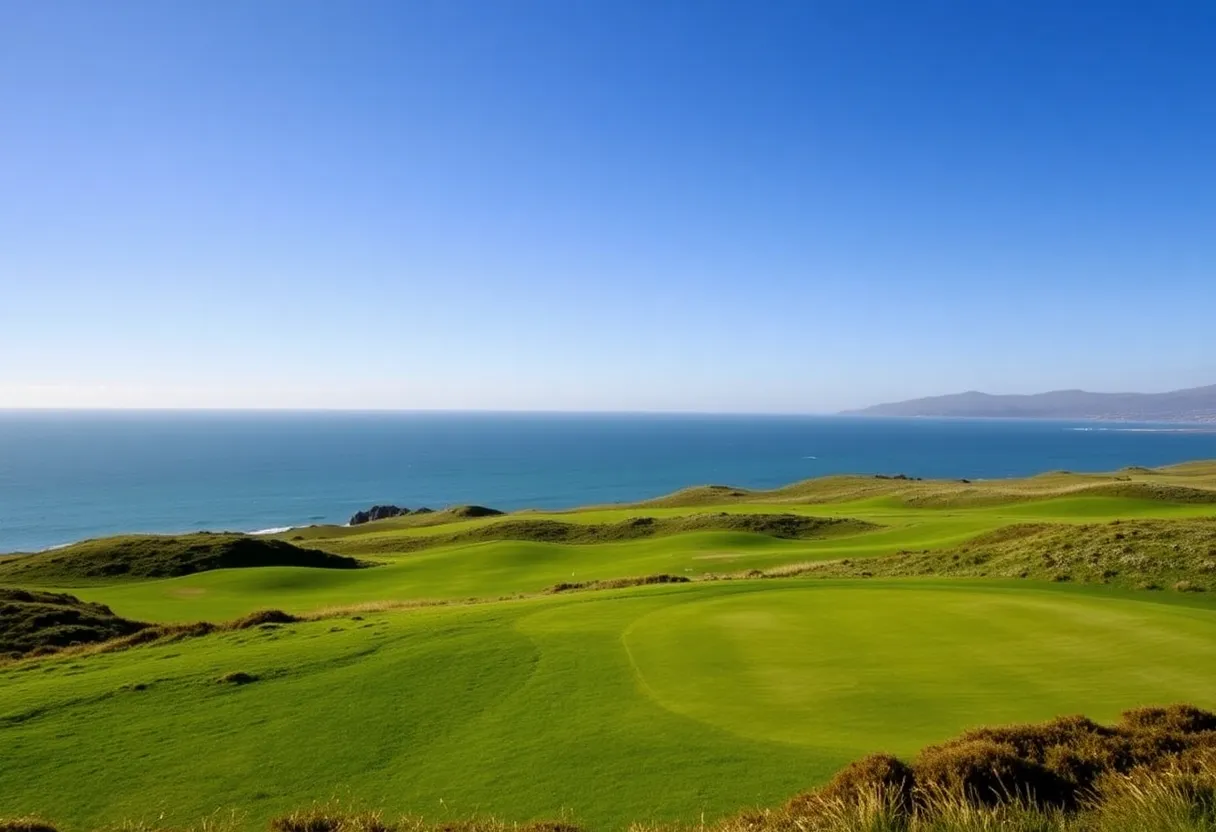 Overview of Machrihanish Golf Club with ocean view