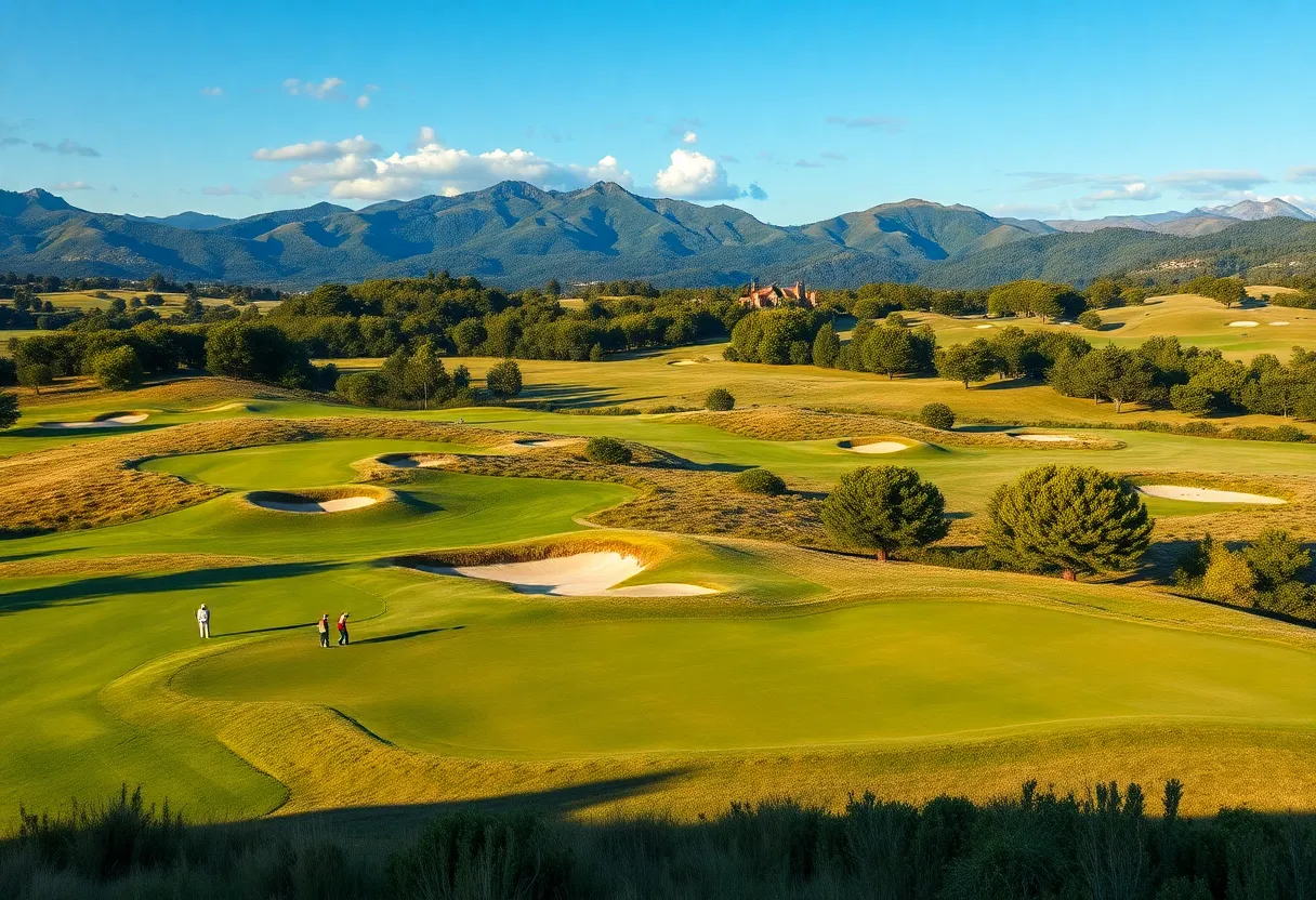 A picturesque view of golfers playing on memorable golf holes surrounded by stunning landscapes.