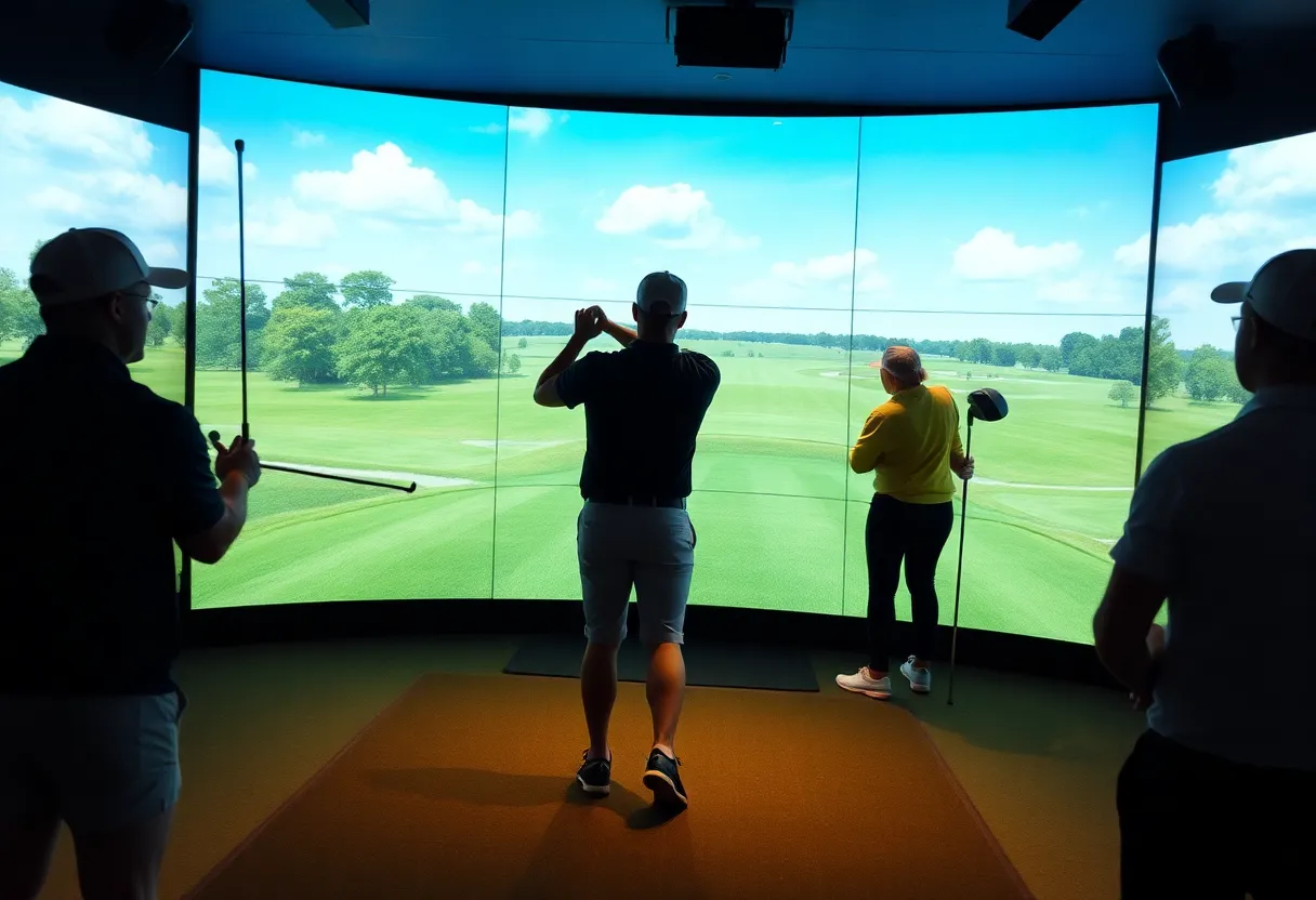 Golfers using advanced simulator technology for off-course practice.
