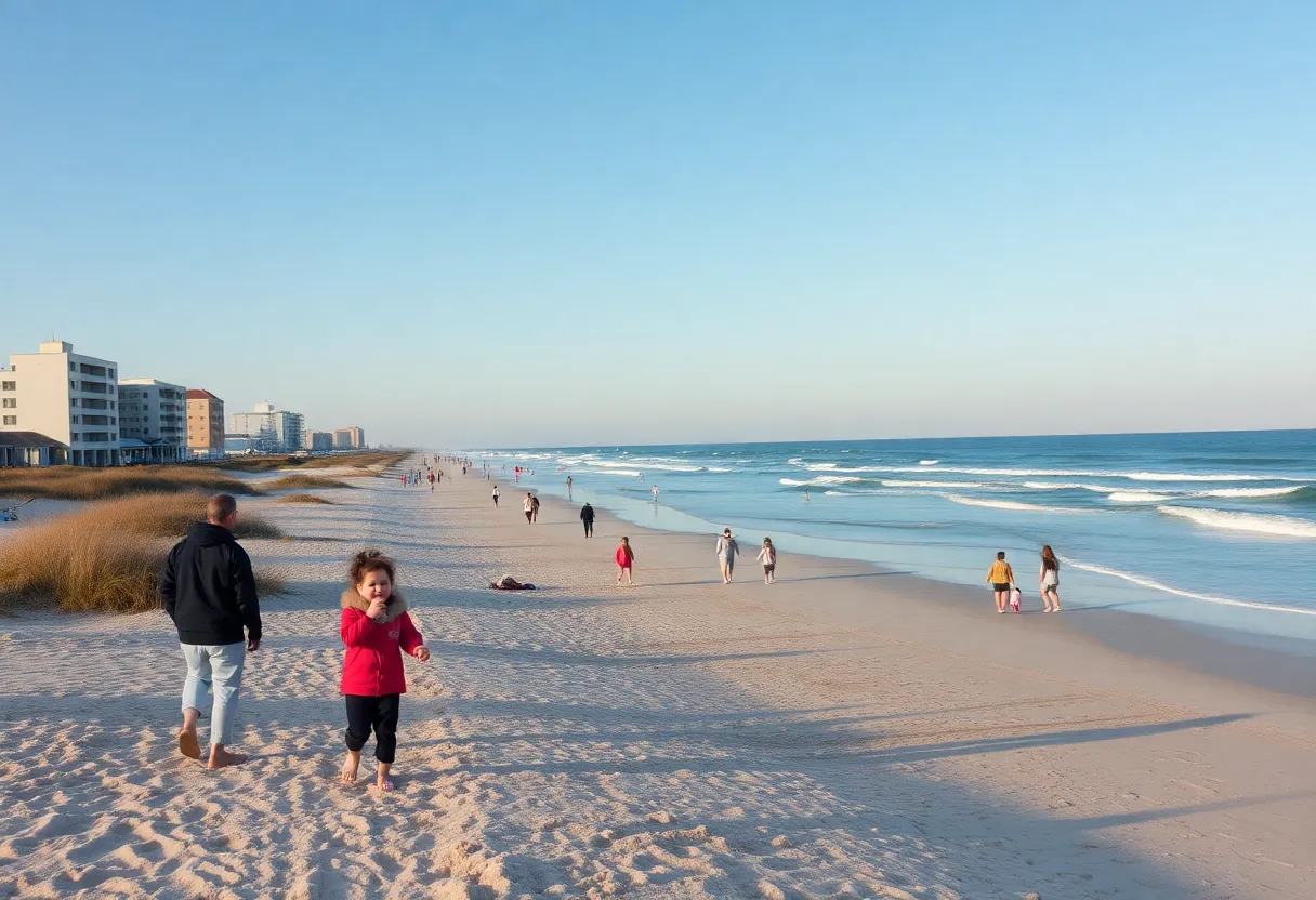 A winter view of Myrtle Beach with families enjoying beach activities.