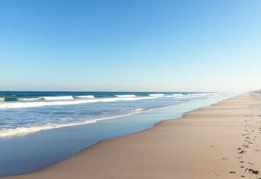 A peaceful winter scene at Myrtle Beach with clear skies and gentle waves.