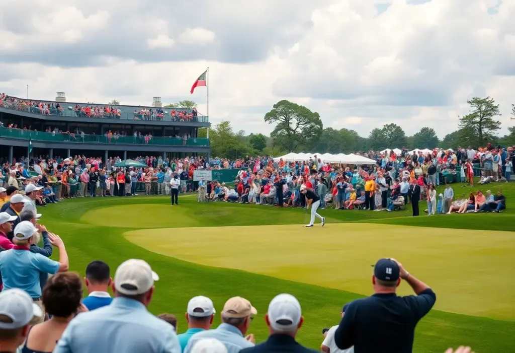 Golf tournament at Gary Player Country Club with spectators cheering.