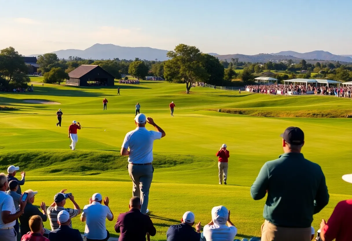 A scenic view of golfers competing at the 2026 Nedbank Golf Challenge.