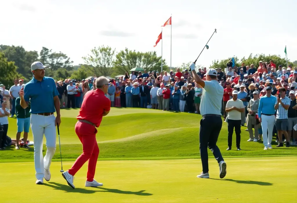 Golf tournament scene at the Nedbank Golf Challenge featuring players and spectators.