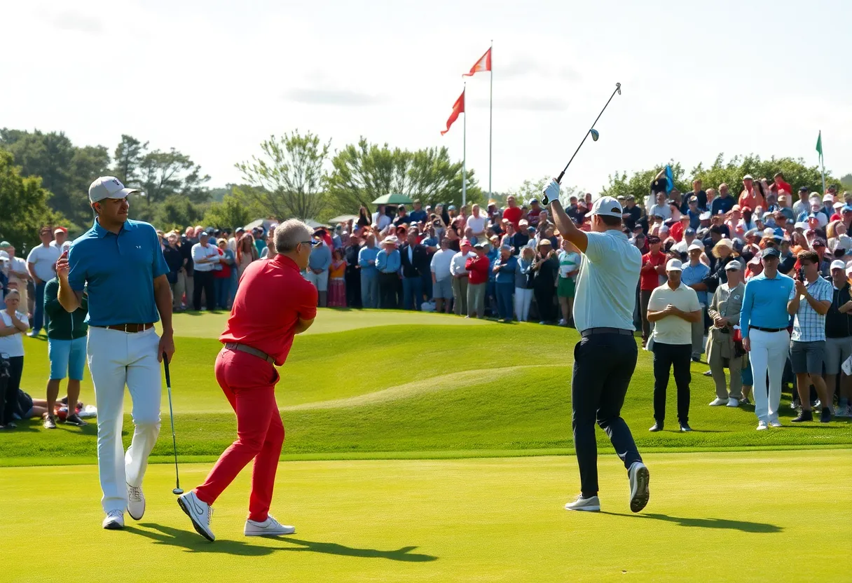 Golf tournament scene at the Nedbank Golf Challenge featuring players and spectators.