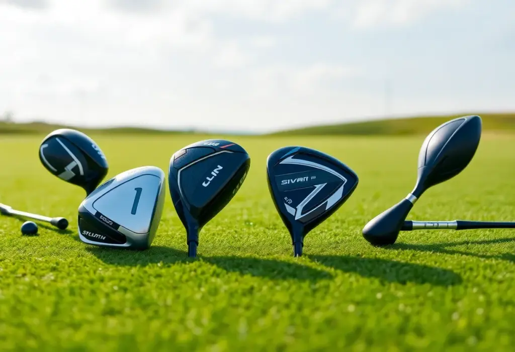 New golf drivers displayed on a golf course