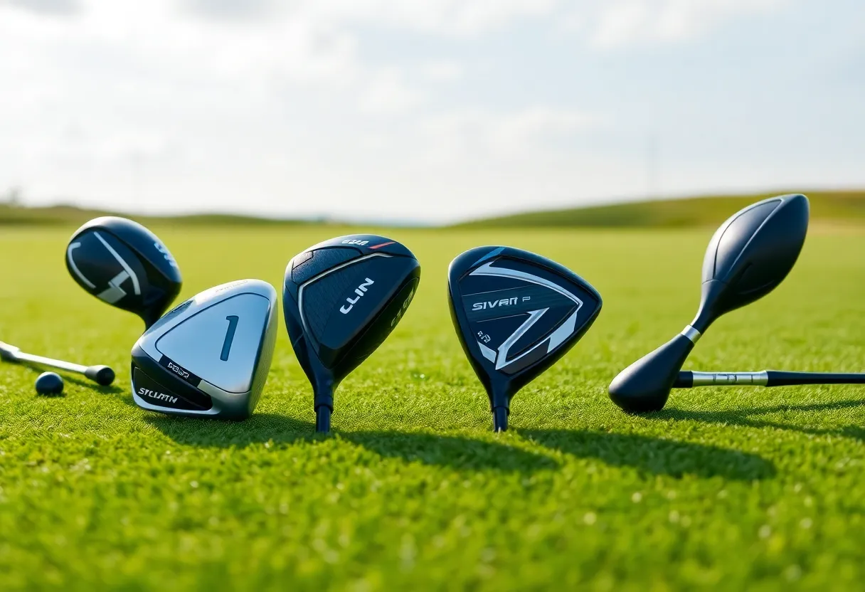New golf drivers displayed on a golf course