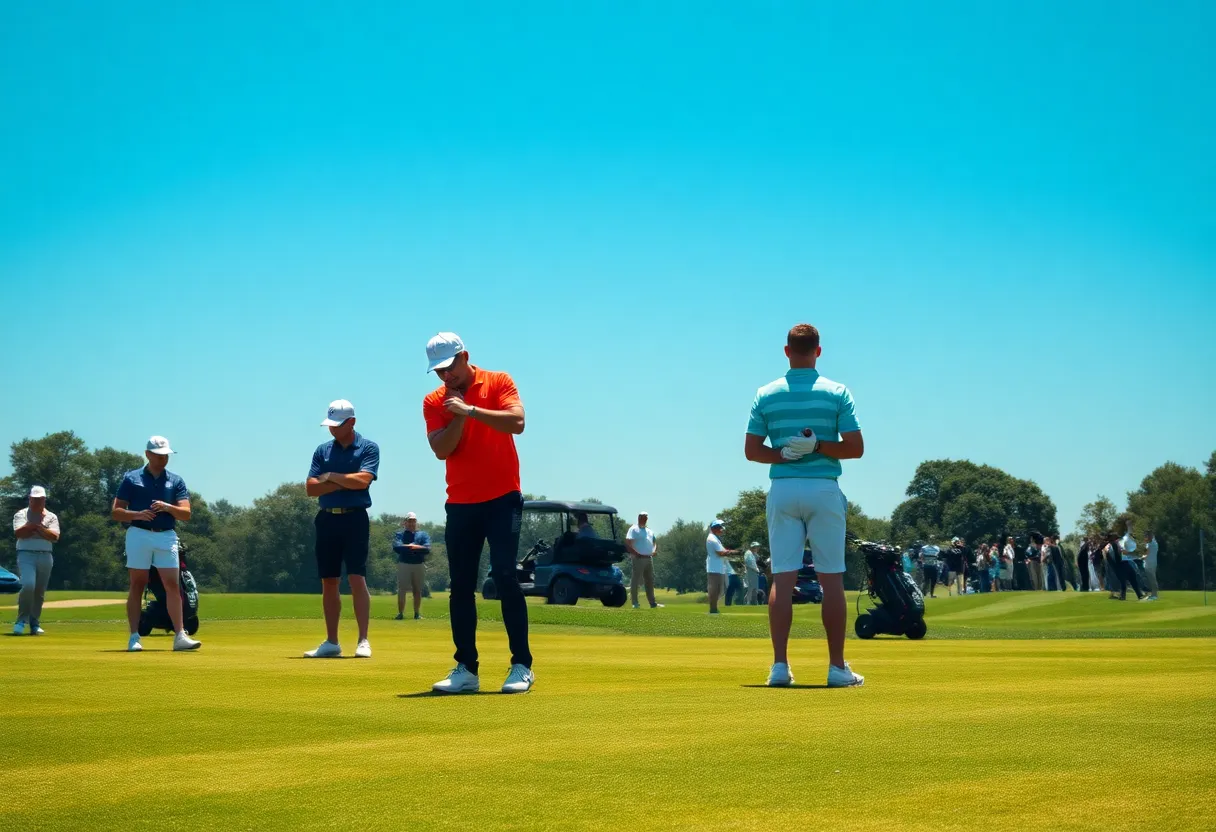 Golf players preparing for a tournament on green fairways