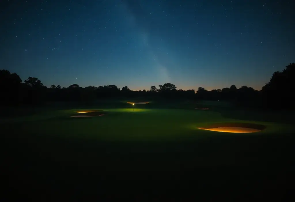 Golf course illuminated at night for a night golf event