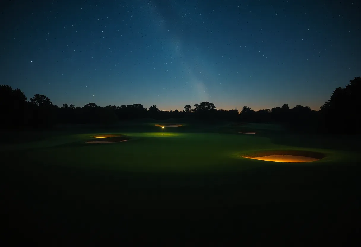 Golf course illuminated at night for a night golf event