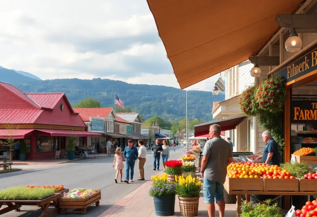 A picturesque scene from a small town in North Carolina featuring farmers' markets and locals.