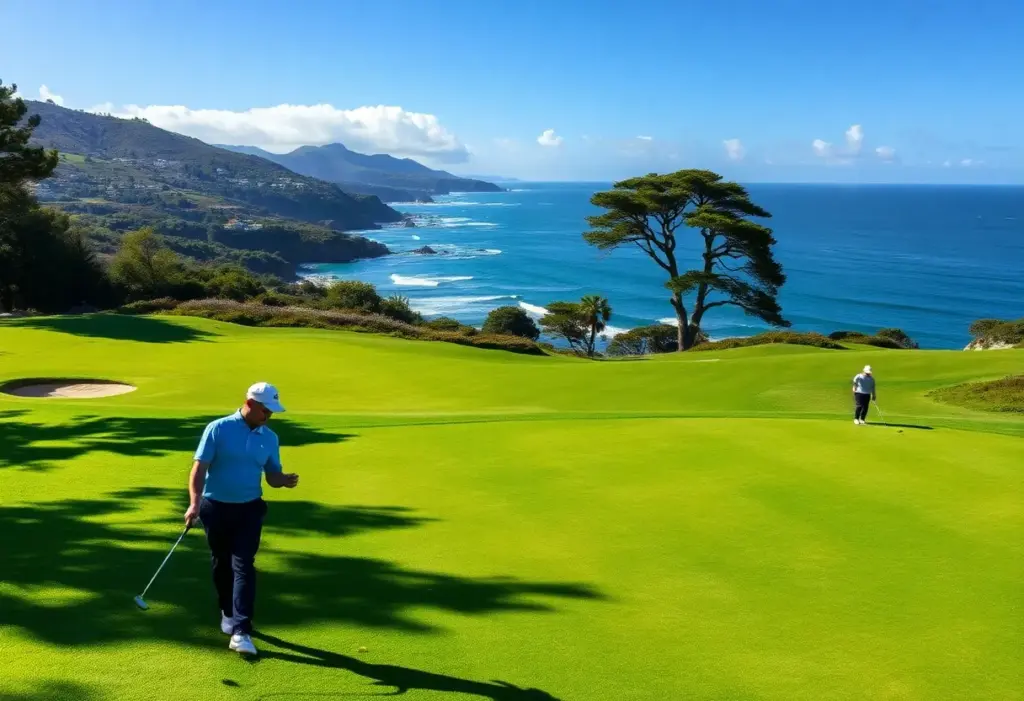 Golfers playing on the new Ocean Course at Fox Harb’r Resort with scenic views.