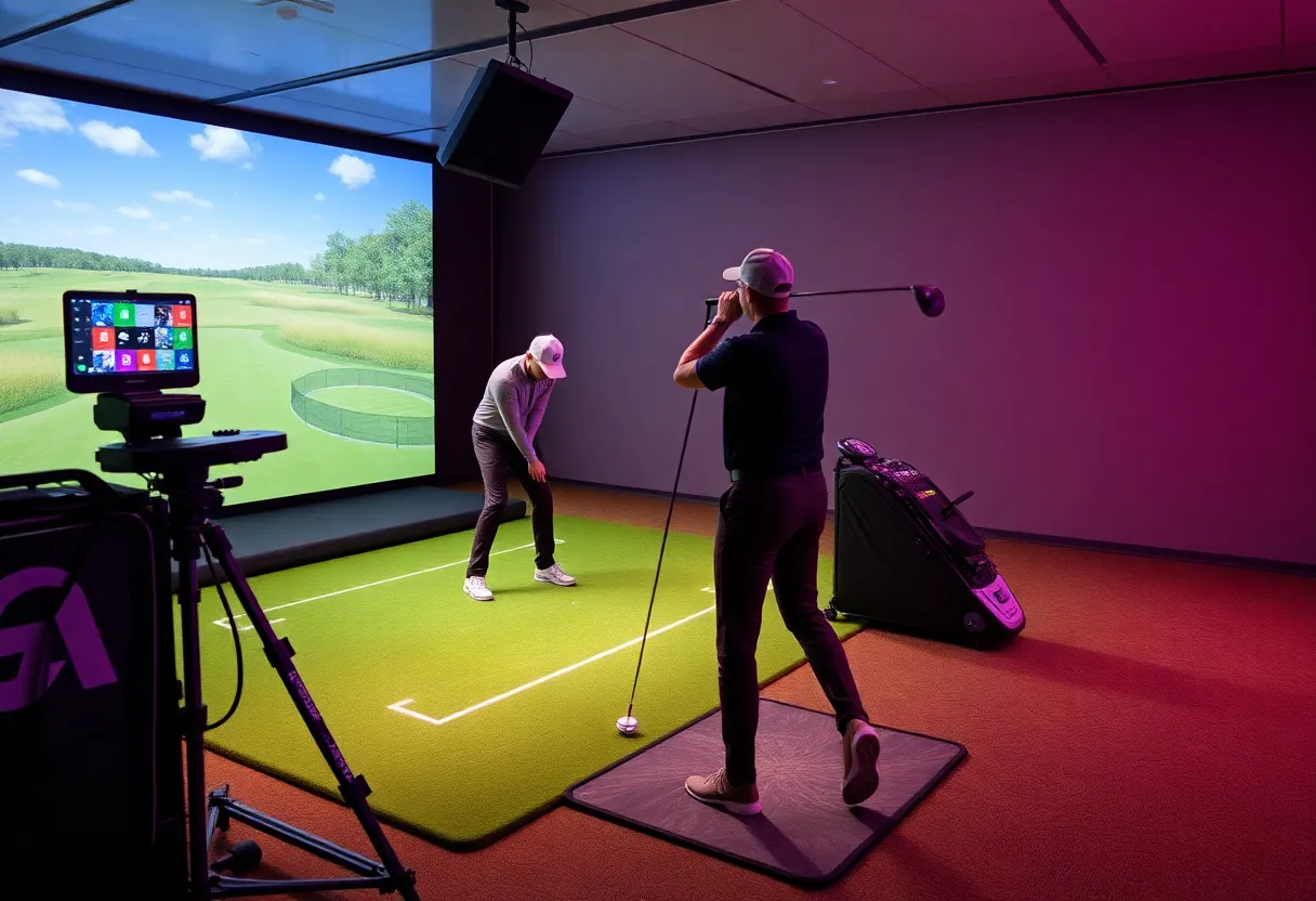 Indoor golf training with advanced technology and golfers practicing.