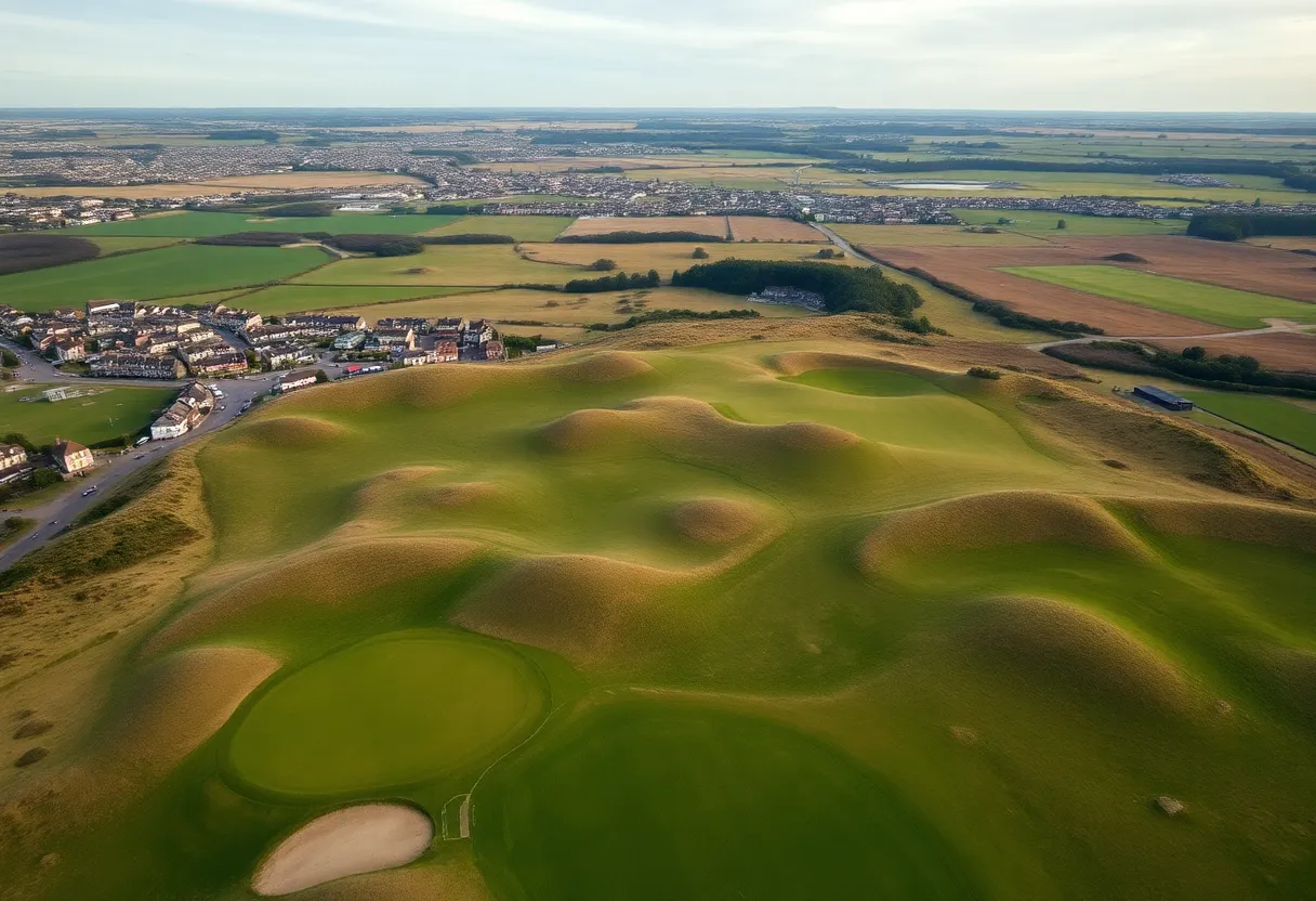 Aerial view of the Old Course at St. Andrews Links during a golf event.