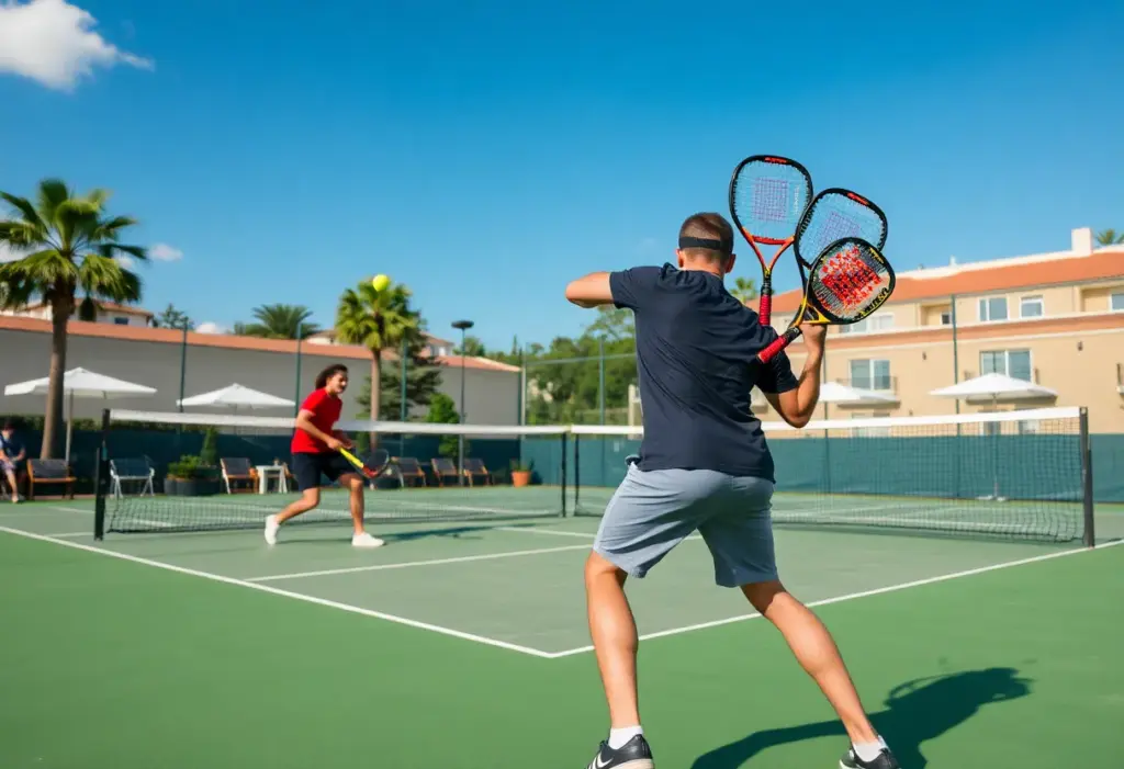 Players engaged in a competitive padel match in an outdoor setting.