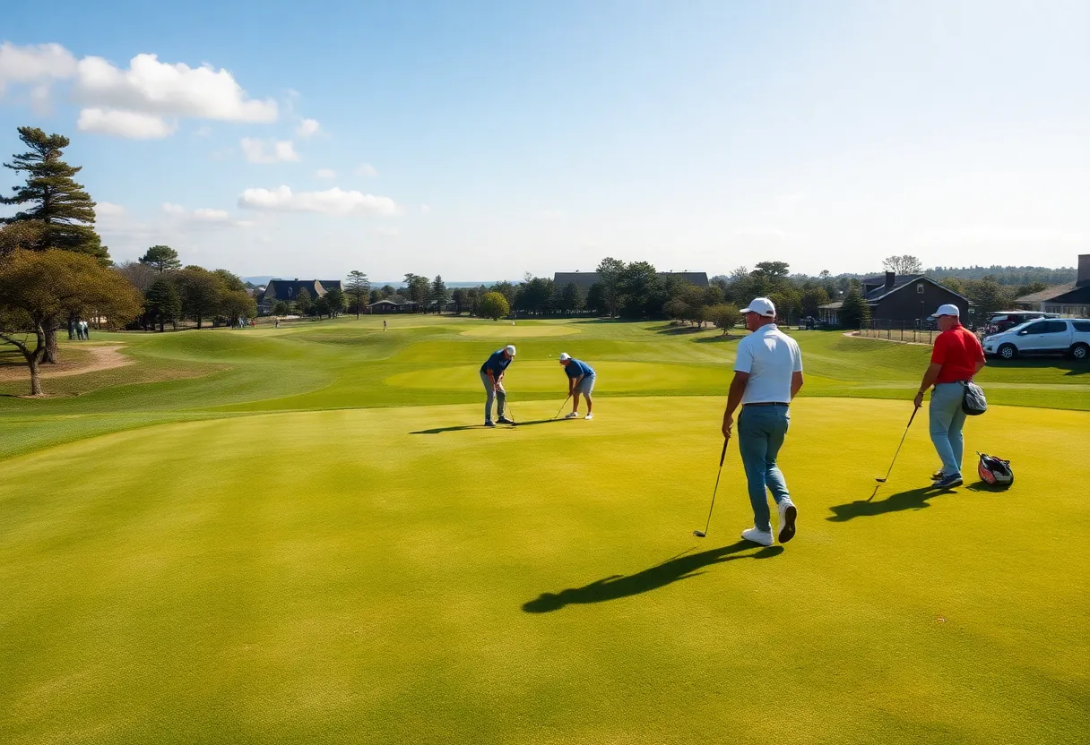 Golfers on a bright day at a golf course practicing for tournaments.